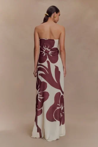Amaya strapless chiffon maxi-jurk – bruine Deco Fleur-print