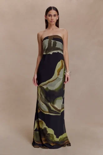 Amaya strapless chiffon maxi-jurk – groene Fluid Reverie-print