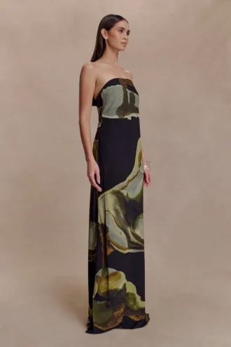 Amaya strapless chiffon maxi-jurk – groene Fluid Reverie-print