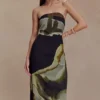 Amaya strapless chiffon maxi-jurk – groene Fluid Reverie-print