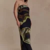 Amaya strapless chiffon maxi-jurk – groene Fluid Reverie-print