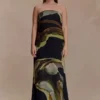 Amaya strapless chiffon maxi-jurk – groene Fluid Reverie-print