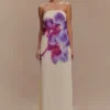 Amaya strapless chiffon maxi-jurk – ivoorkleurige Koi Orchid-print Amaya strapless chiffon maxi-jurk – ivoorkleurige Koi Orchid-print