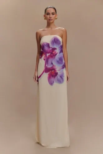 Amaya strapless chiffon maxi-jurk – ivoorkleurige Koi Orchid-print