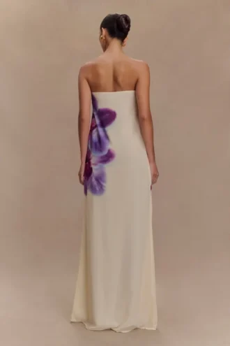 Amaya strapless chiffon maxi-jurk – ivoorkleurige Koi Orchid-print