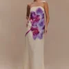 Amaya strapless chiffon maxi-jurk – ivoorkleurige Koi Orchid-print Amaya strapless chiffon maxi-jurk – ivoorkleurige Koi Orchid-print