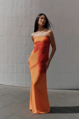 Amaya strapless chiffon maxi-jurk – Koi Orchid-print