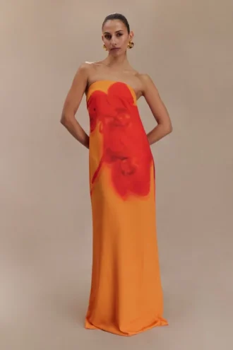 Amaya strapless chiffon maxi-jurk – Koi Orchid-print