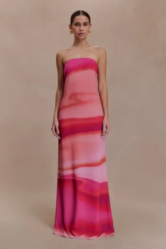 Amaya strapless chiffon maxi-jurk – roze zonsondergangprint