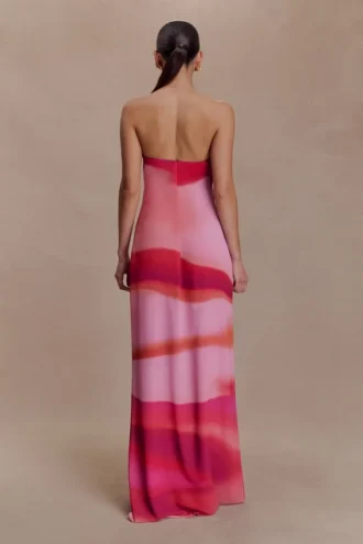 Amaya strapless chiffon maxi-jurk – roze zonsondergangprint