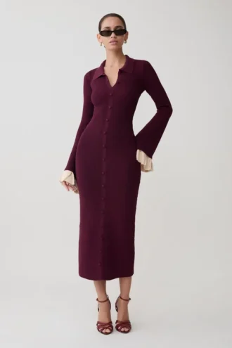 Amirose midi-jurk van gebreid materiaal met ruches – Pruim