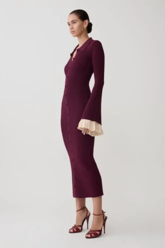 Amirose midi-jurk van gebreid materiaal met ruches – Pruim