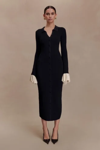 Amirose midi-jurk van gebreid materiaal met ruches – Zwart
