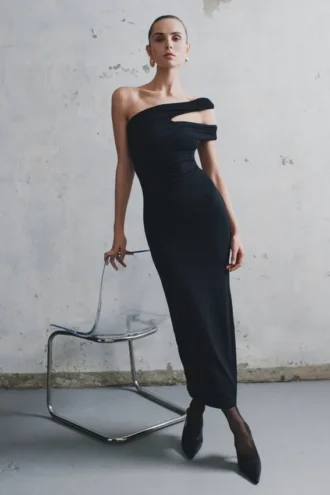 Anastasia modale midi-jurk met één schouder – Zwart