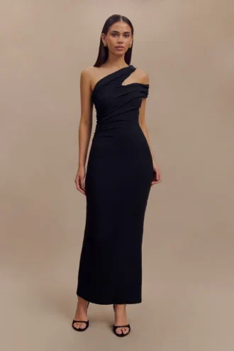 Anastasia modale midi-jurk met één schouder – Zwart