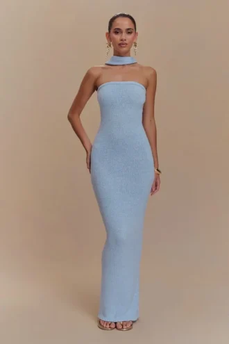 Andrea strapless gebreide maxi-jurk – lichtblauw