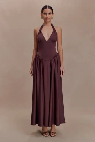 Angelina scuba halter midi-jurk – Chocolade
