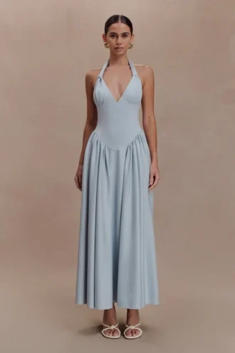 Angelina scuba halter midi-jurk – lichtblauw