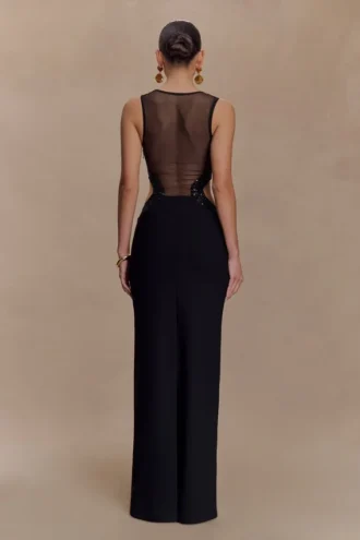 Angelique maxi-jurk van crêpe met kralen – Zwart