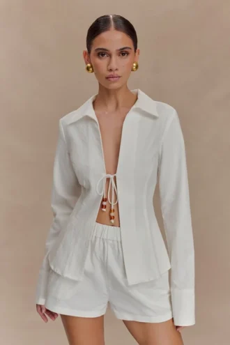 Annalee katoenen shirt met kralen en strik – Wit