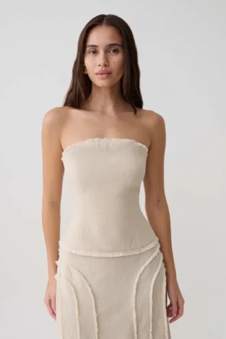 Annie strapless linnen top met strik aan de achterkant – Natuur