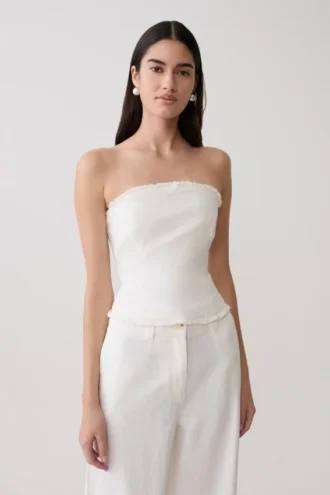 Annie strapless linnen top met strik aan de achterkant – Wit
