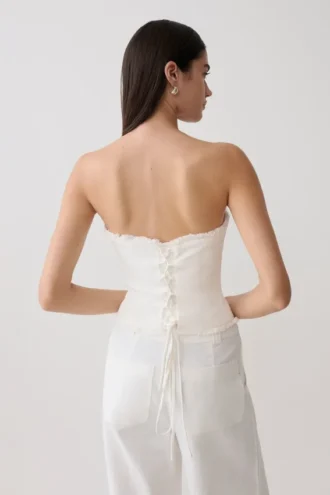 Annie strapless linnen top met strik aan de achterkant – Wit