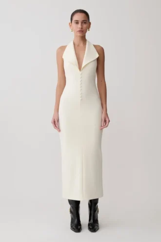 Annita crêpe halter midi-jurk – ivoor