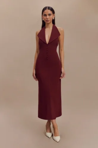 Annita crêpe halter midi-jurk – Merlot
