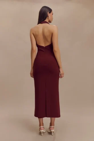 Annita crêpe halter midi-jurk – Merlot