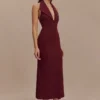 Annita crêpe halter midi-jurk – Merlot