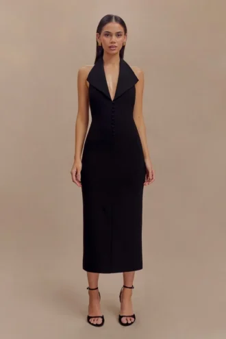Annita crêpe halter midi-jurk – Zwart