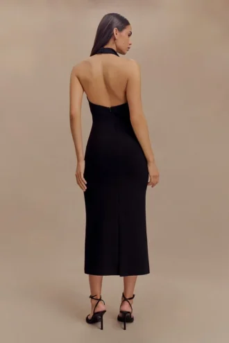 Annita crêpe halter midi-jurk – Zwart