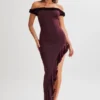 Arielle off-shoulder midi-jurk met ruches – Pruim Arielle off-shoulder midi-jurk met ruches – Pruim