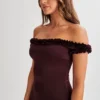 Arielle off-shoulder midi-jurk met ruches – Pruim Arielle off-shoulder midi-jurk met ruches – Pruim