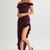 Arielle off-shoulder midi-jurk met ruches – Pruim Arielle off-shoulder midi-jurk met ruches – Pruim