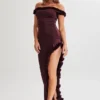 Arielle off-shoulder midi-jurk met ruches – Pruim Arielle off-shoulder midi-jurk met ruches – Pruim