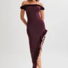 Arielle off-shoulder midi-jurk met ruches – Pruim Arielle off-shoulder midi-jurk met ruches – Pruim
