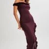 Arielle off-shoulder midi-jurk met ruches – Pruim Arielle off-shoulder midi-jurk met ruches – Pruim