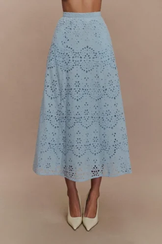 Arla Broderie Midi-rok – Licht korenbloemblauw