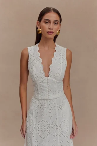Arla mouwloze broderie-top – Wit