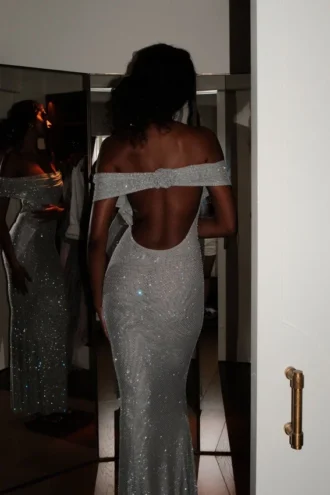 Arna off-shoulder maxi-jurk met strass – Zilver