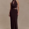 Arra chiffon en kanten halter maxi-jurk – Cacaobruin