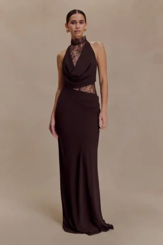 Arra chiffon en kanten halter maxi-jurk – Cacaobruin
