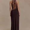 Arra chiffon en kanten halter maxi-jurk – Cacaobruin