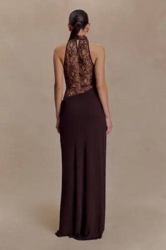 Arra chiffon en kanten halter maxi-jurk – Cacaobruin