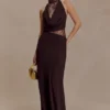Arra chiffon en kanten halter maxi-jurk – Cacaobruin