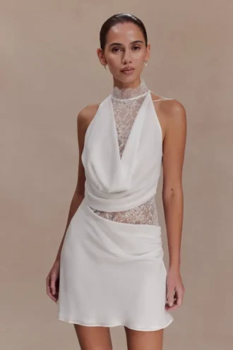 Arra halter-minijurk van chiffon en kant – Wit