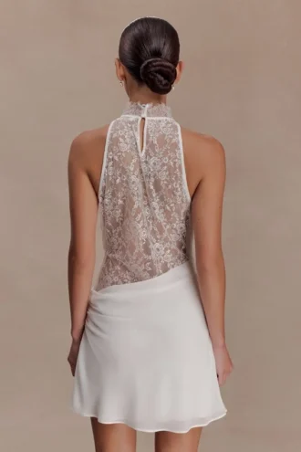 Arra halter-minijurk van chiffon en kant – Wit