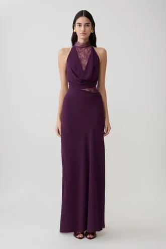 Arra maxi-jurk van chiffon en kant met halternek – Pruim